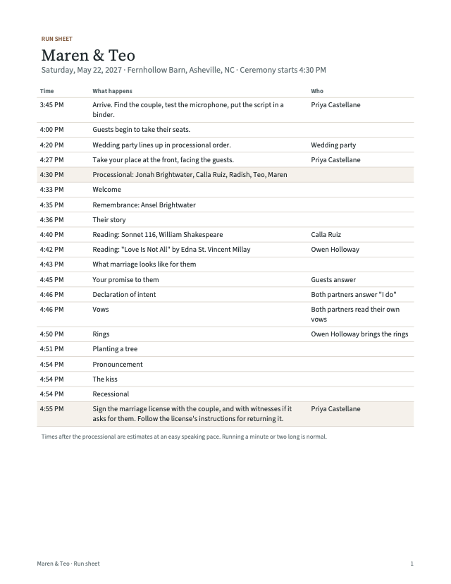 A one-page run sheet with clock times