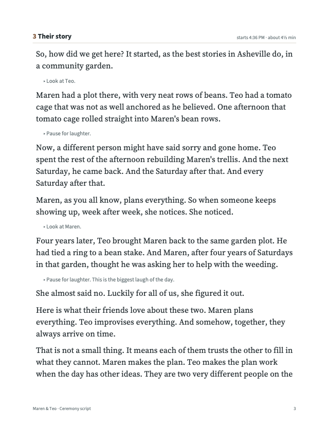 A page of the ceremony script in large print, with gray cues