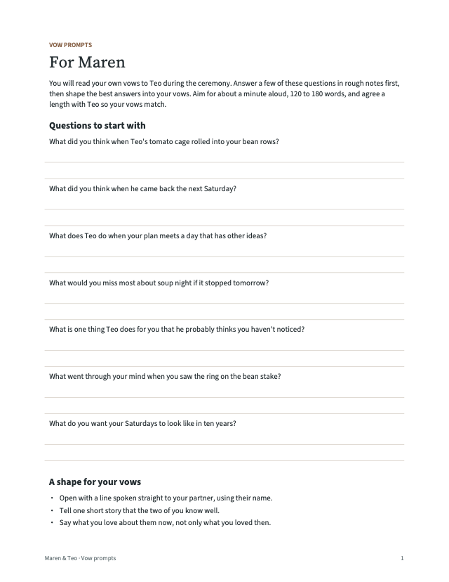 Vow prompts with questions and lines to write on